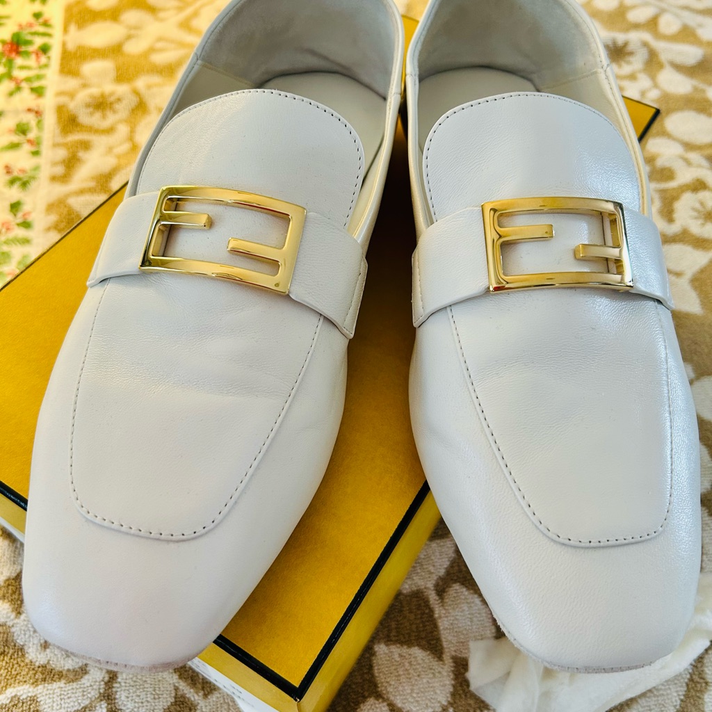 Fendi Elegant White Ice Leather Lamb Loafers With Gold Accent